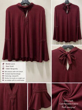 Lysse Burgundy Bell Sleeve Tie Back Soft Boho Blouse Top S